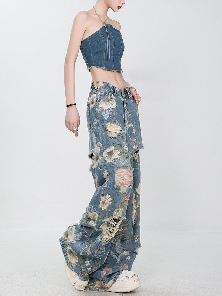 Big Ripped Original American Style Retro Printed Ripped Jeans Women'S Loose Straight Wide Leg Pants - Image 4